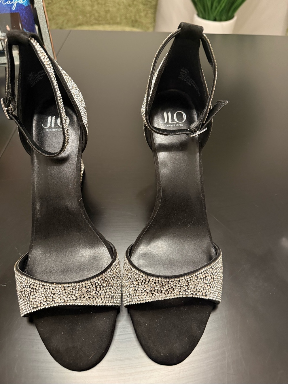Jennifer Lopez Black and Silver Rhinestone Ankle-Strap Block Heels